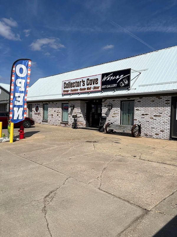 The Collector’s Cove storefront from the parking lot: a long white brick building with the Collector’s Cove sign and an OPEN flag out front