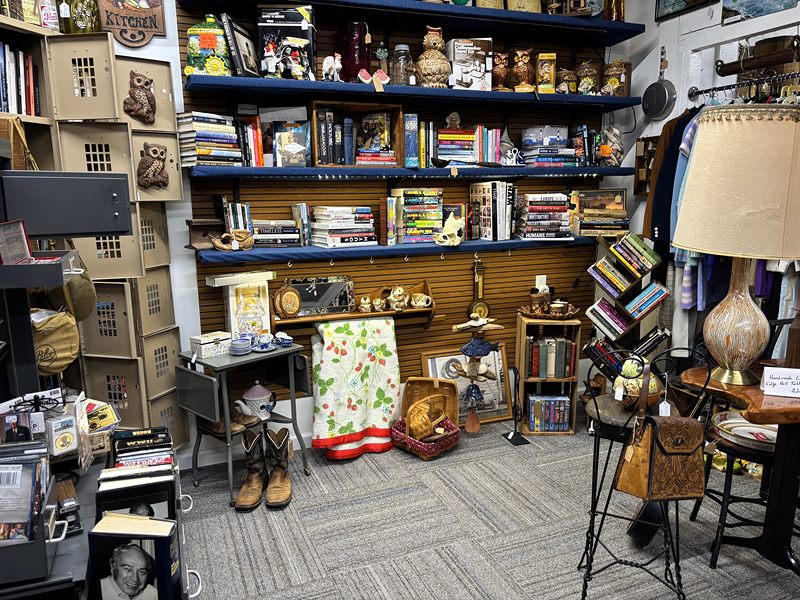 Blue shelves of books and décor, with a tall lamp and a pair of cowboy boots